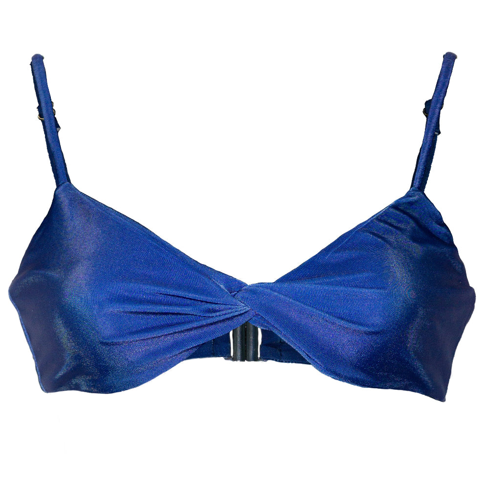 Blue bikini top with a bow detail on a white background