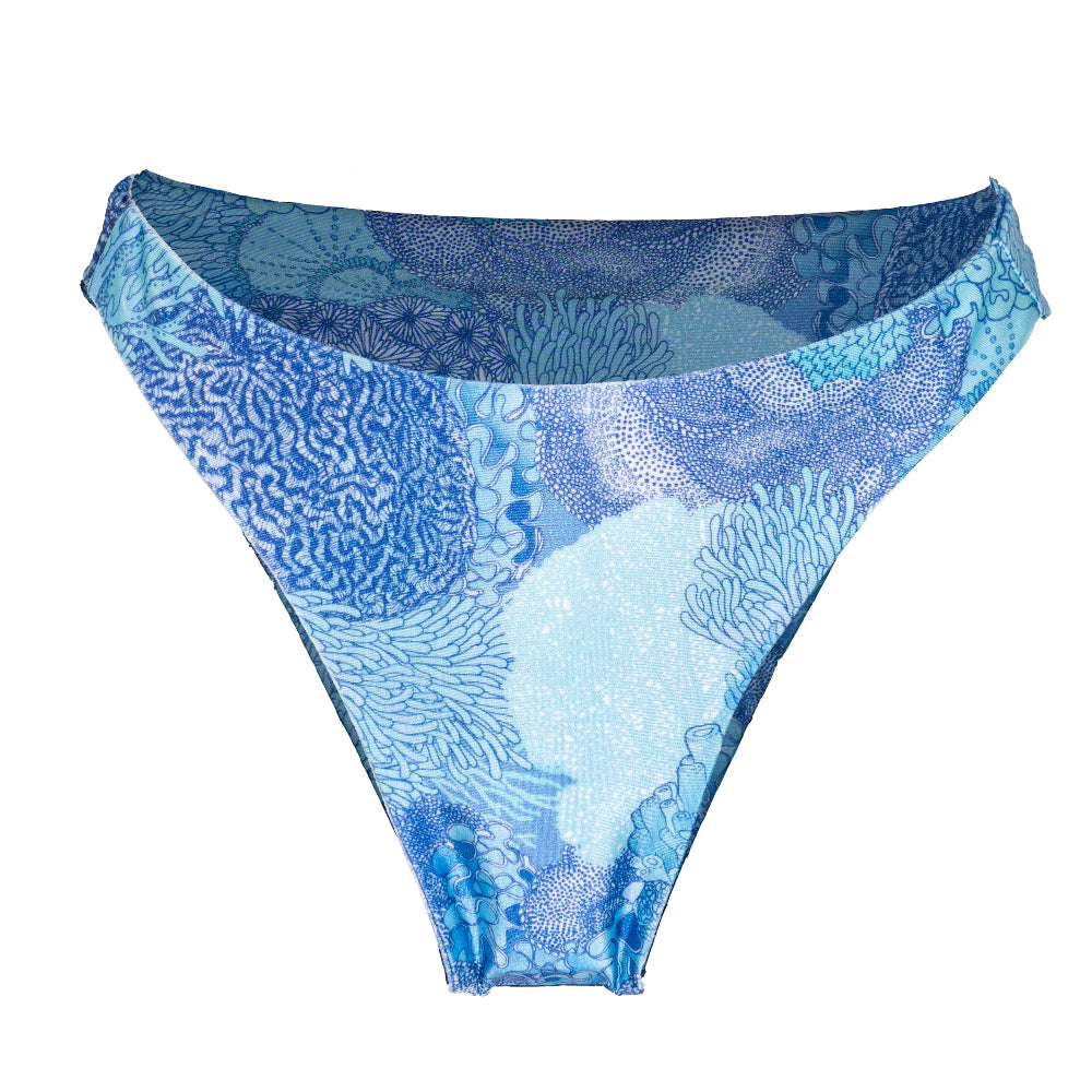 Blue patterned bikini bottom on a white background