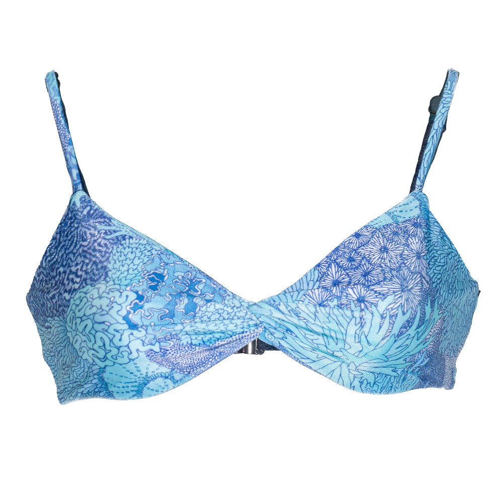 Blue coral-patterned bikini top on a white background