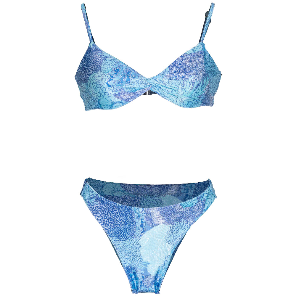 Blue patterned bikini set on a white background