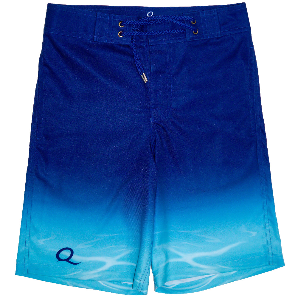 Blue and turquoise gradient shorts with a logo on a white background