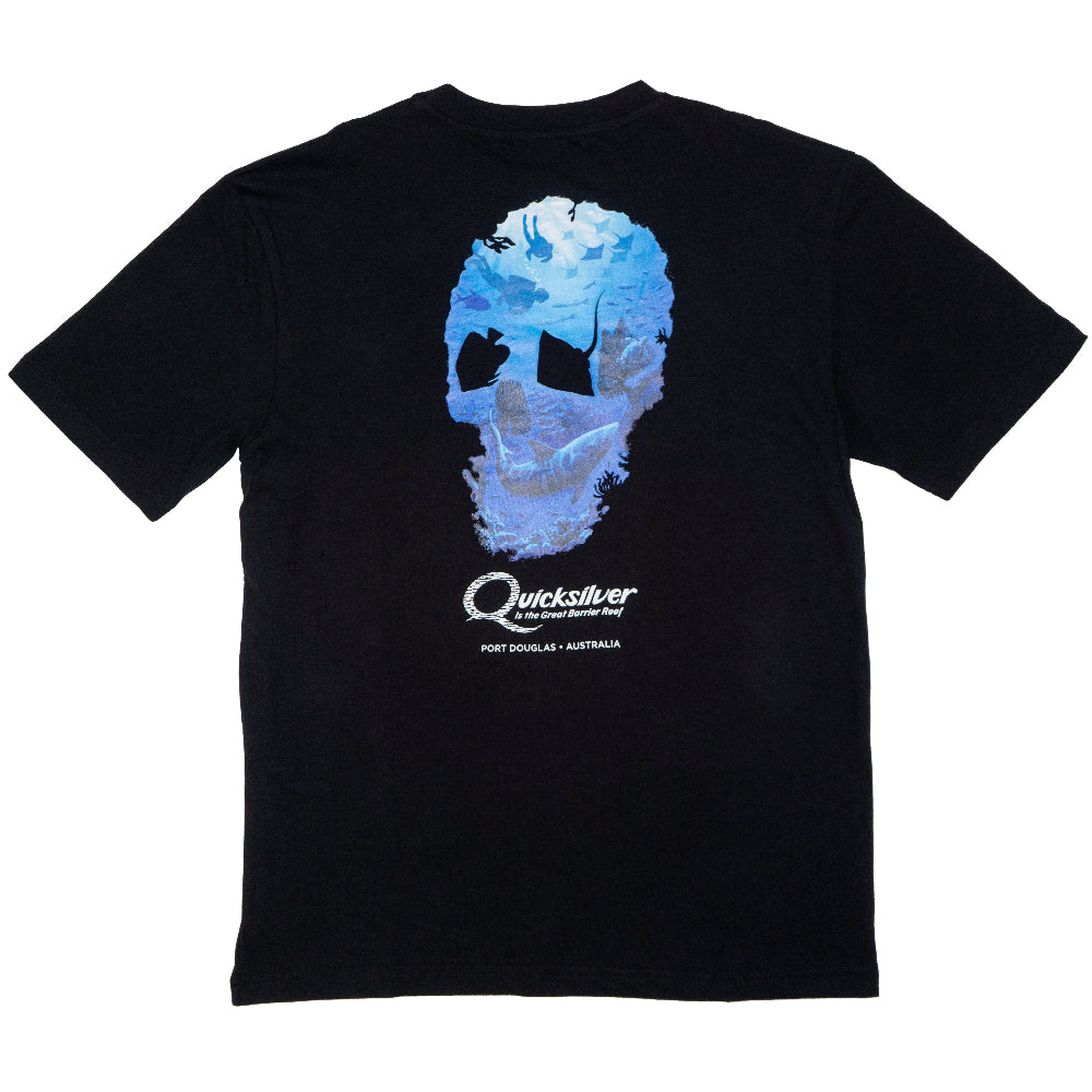 Black t-shirt with blue graphic design and Quicksilver logo on a white background