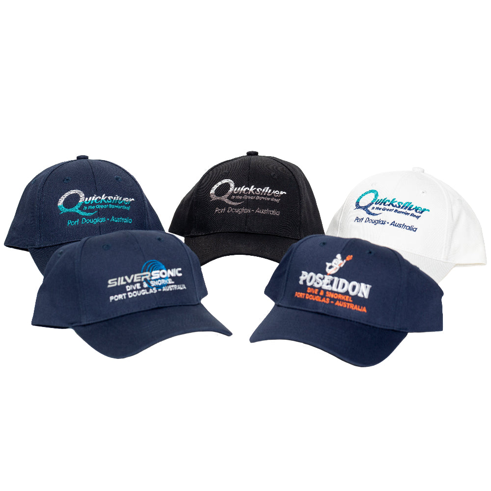 Five branded caps on a white background