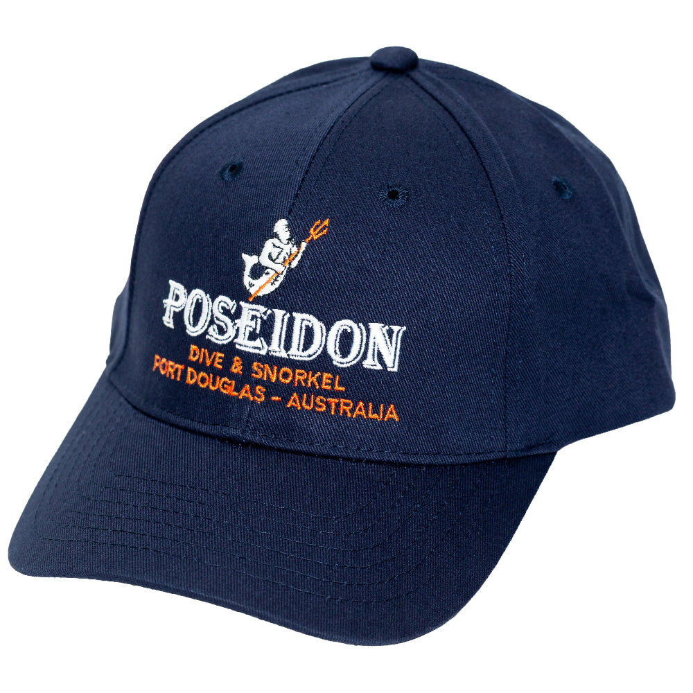 Navy blue cap with 'Poseidon Dive & Snorkel' text and logo on a white background