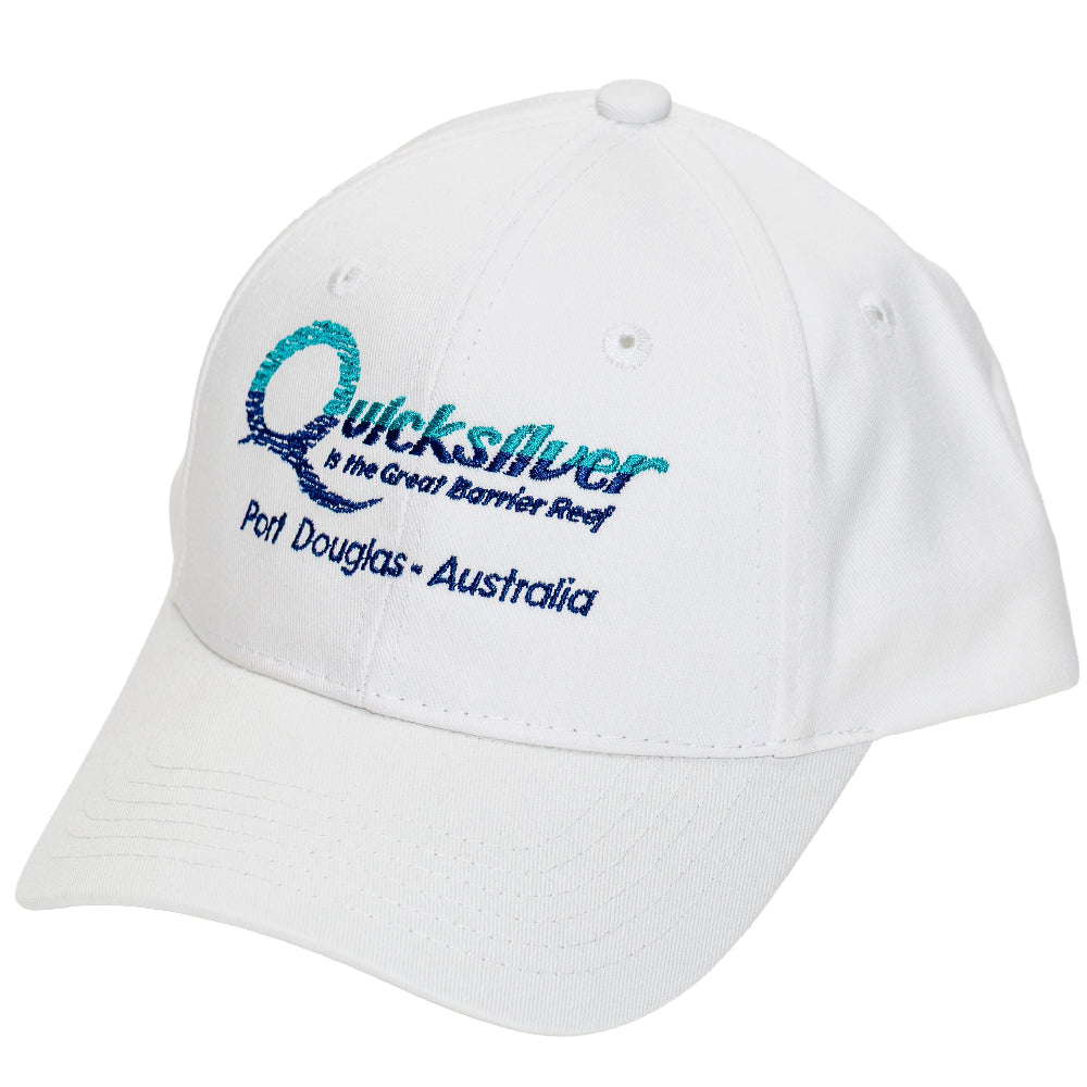 White cap with Quicksilver branding on a white background
