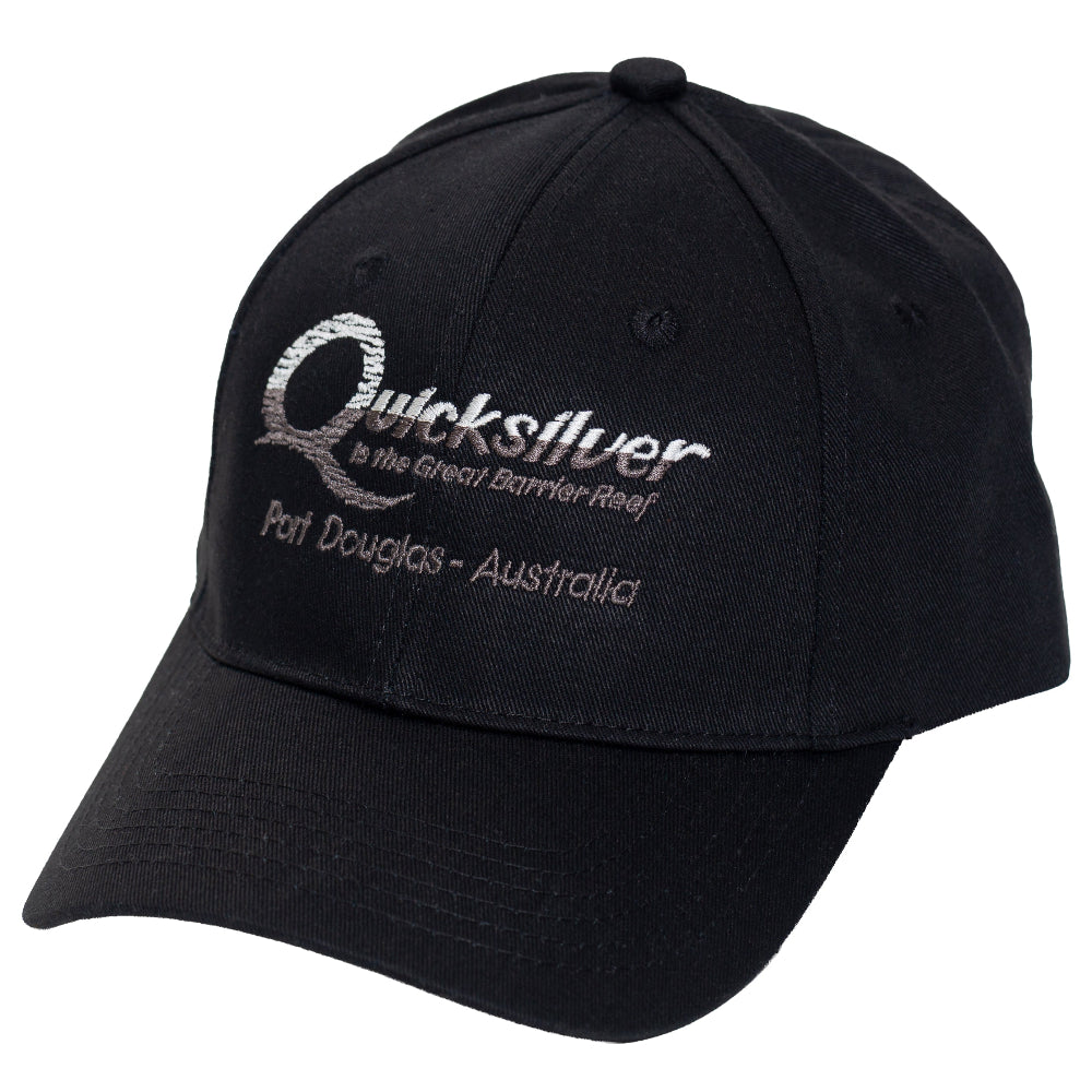 Black cap with Quiksilver logo and text on a white background