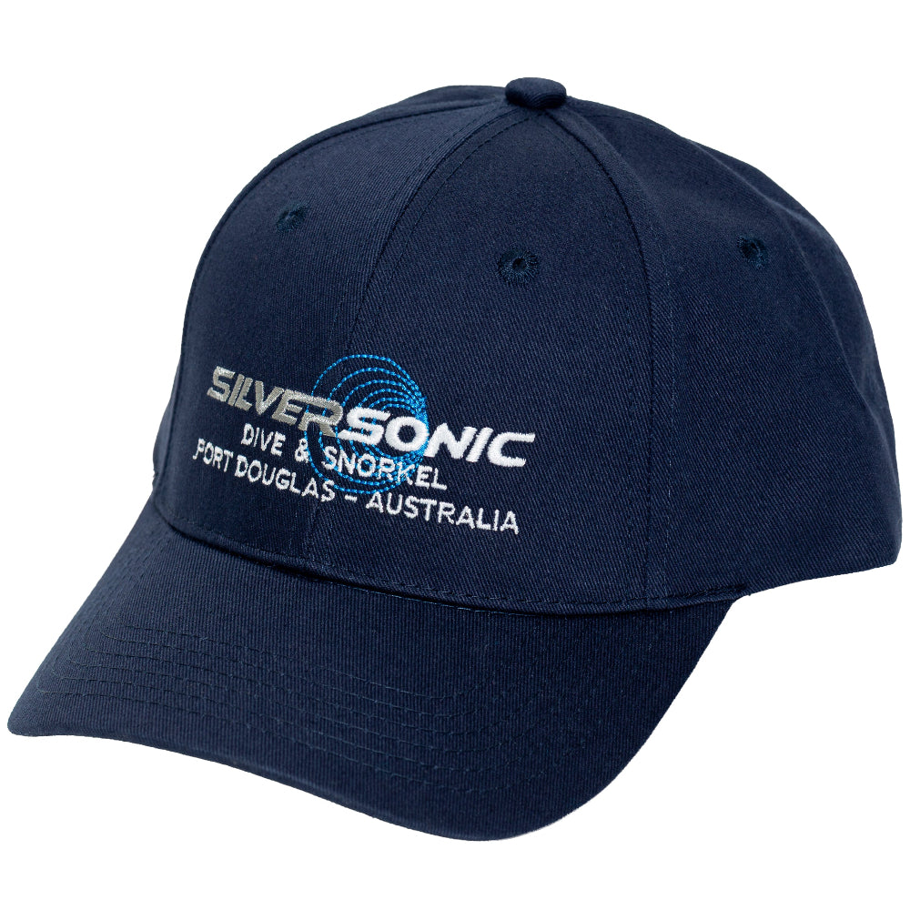 Navy blue cap with 'Silver Sonic Dive & Snorkel' logo on a white background