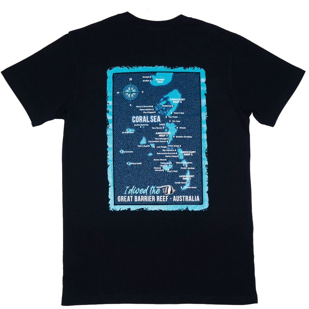 Black t-shirt with a blue map design on the back, featuring the Great Barrier Reef.