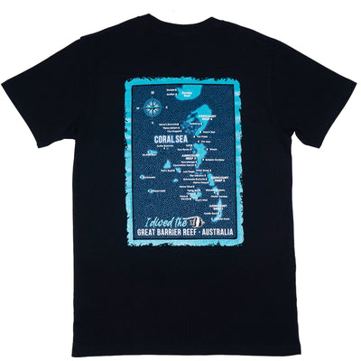 Black t-shirt with a blue map design on the back, featuring the Great Barrier Reef.