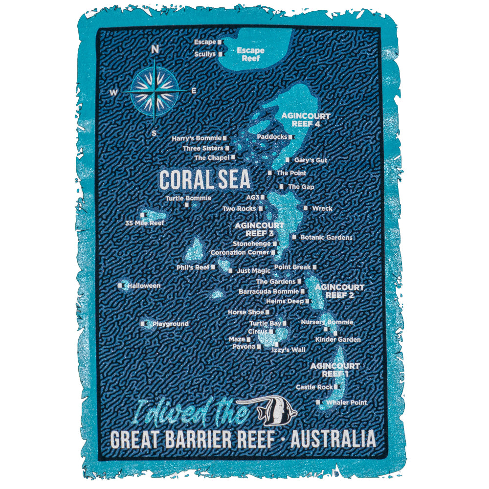 Map of the Coral Sea with a focus on the Great Barrier Reef, featuring a compass and text.