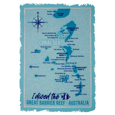 Map of the Great Barrier Reef with diving locations and a compass, featuring text 'I dived the Great Barrier Reef, Australia'.
