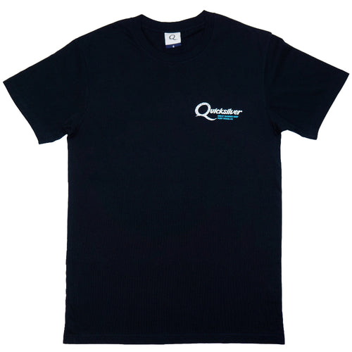 Black t-shirt with Quicksilver logo on a white background