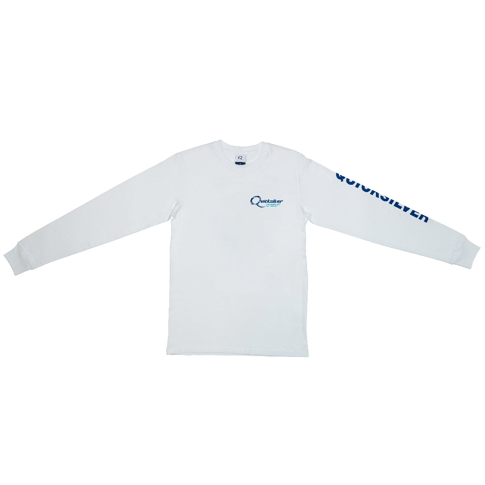 White long-sleeve shirt with blue branding on a white background
