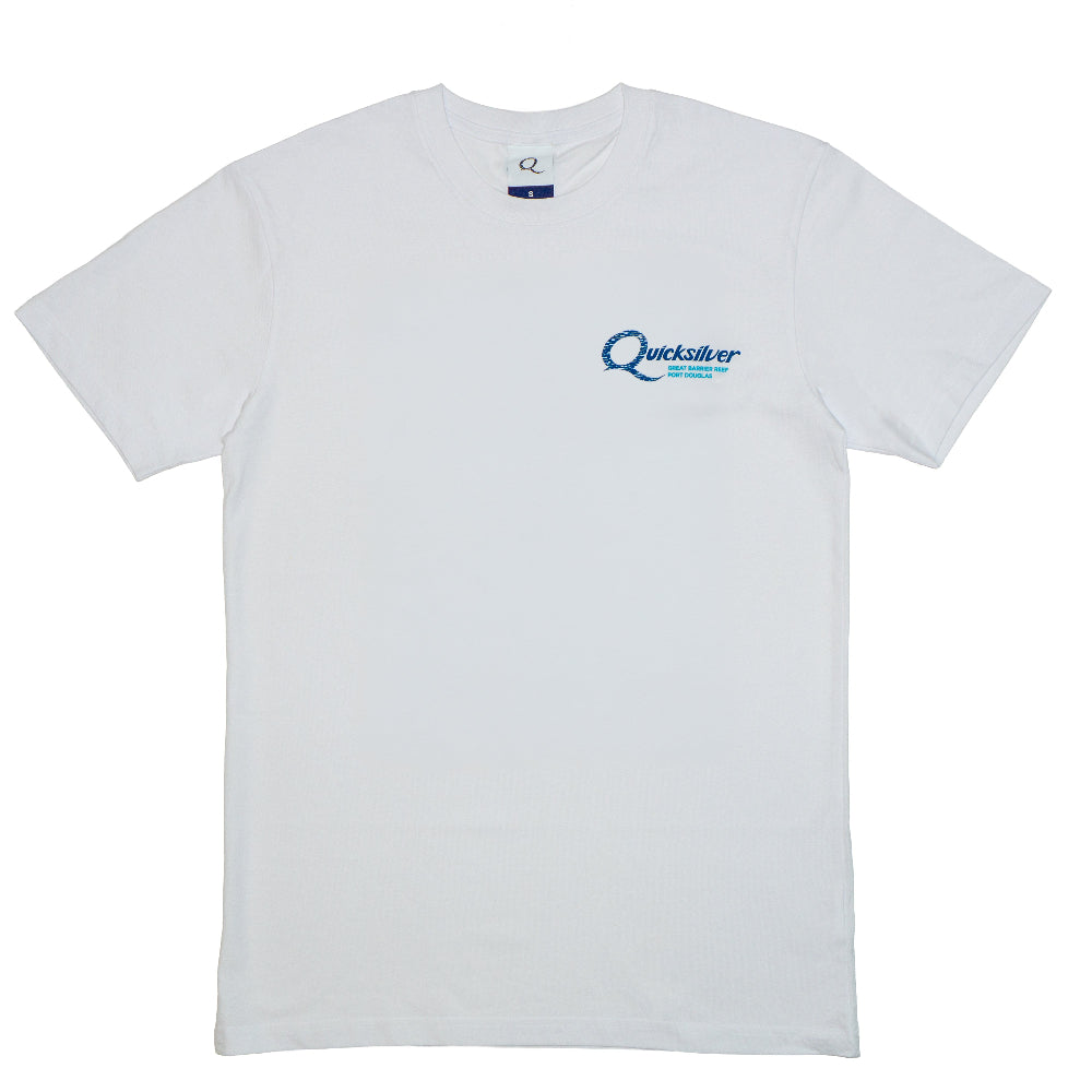 White t-shirt with Quicksilver logo on a white background