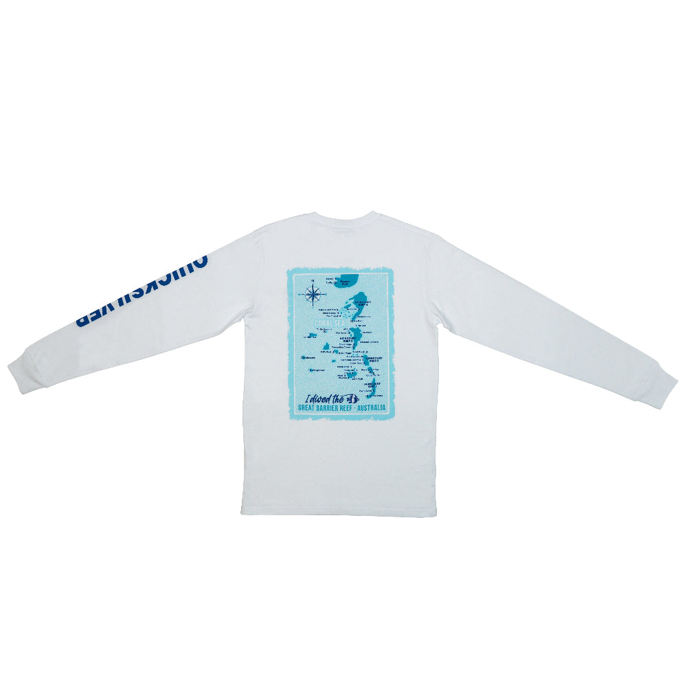 White long-sleeve shirt with blue graphic and text on a white background