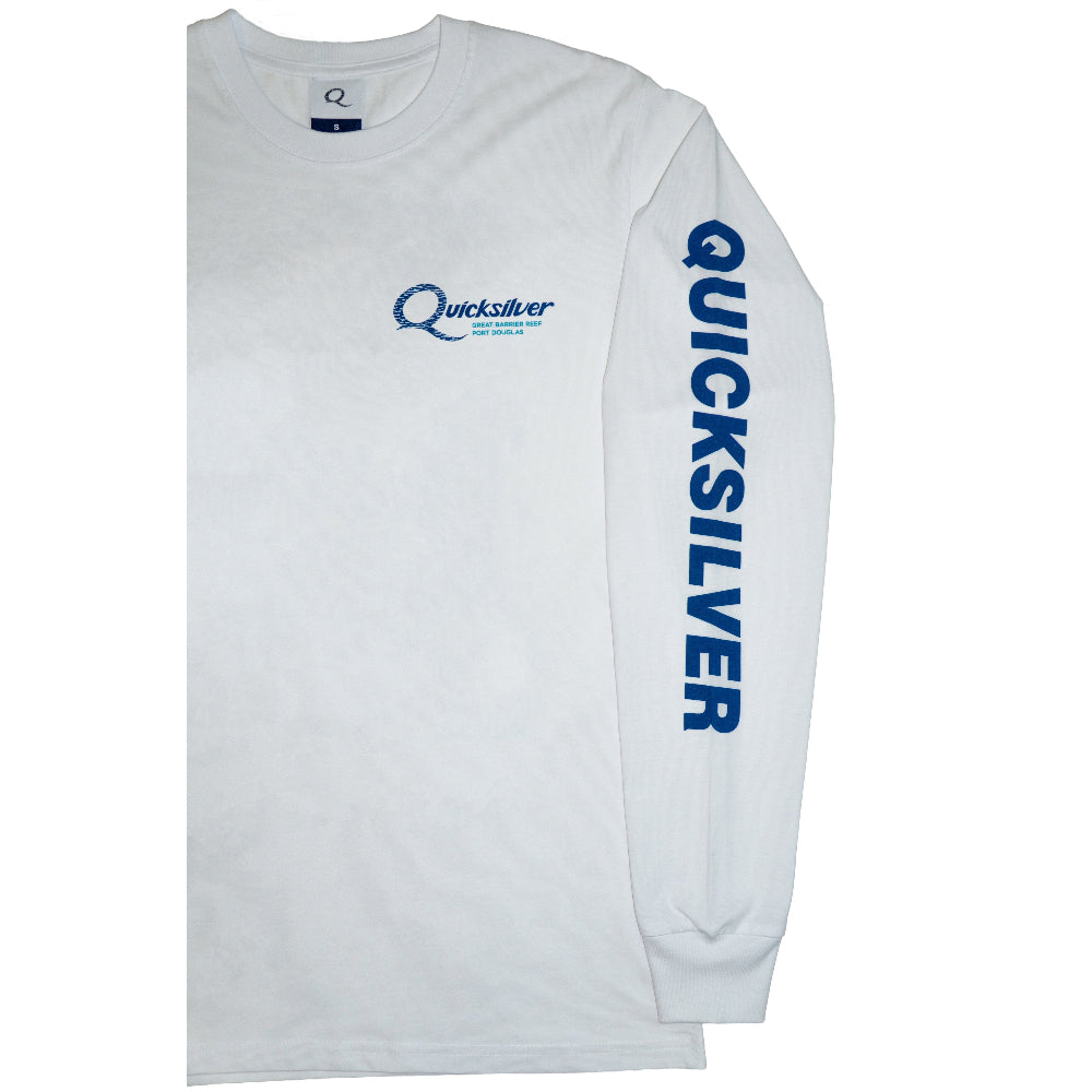 White long-sleeve shirt with Quicksilver logo on a white background