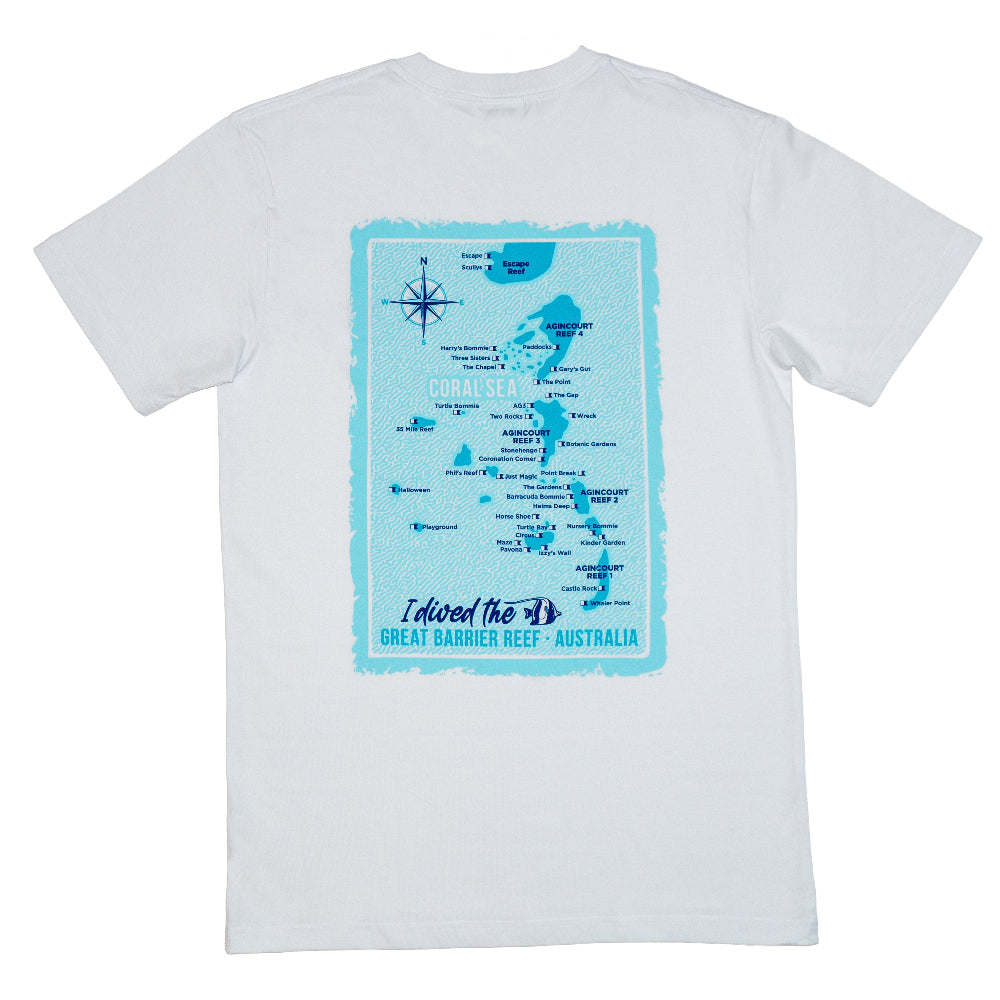 White t-shirt with a blue map design of the Great Barrier Reef on a white background