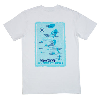 White t-shirt with a blue map design of the Great Barrier Reef on a white background