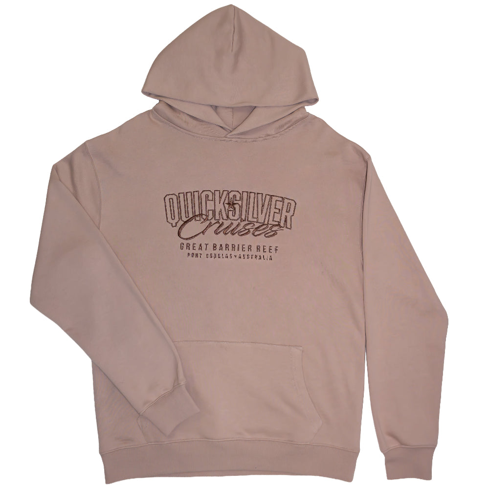 Beige hoodie with Quicksilver logo on a white background