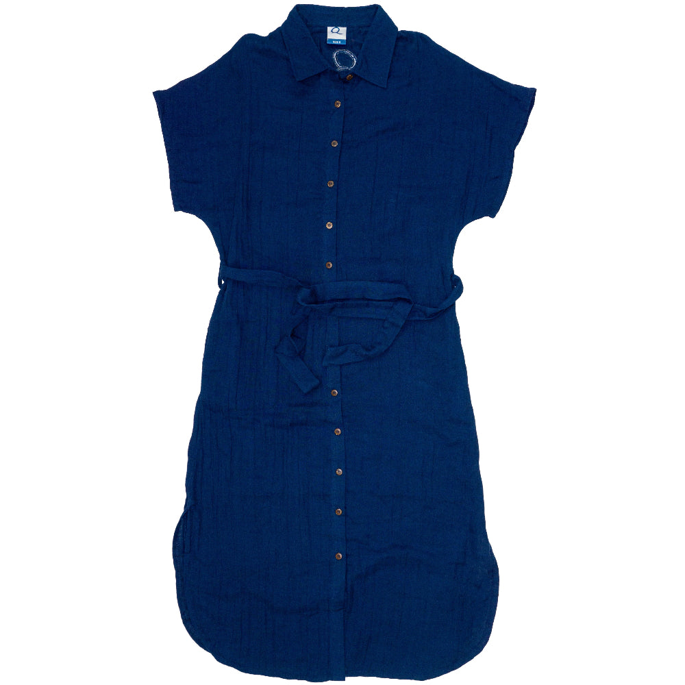 Blue sleeveless dress with buttons on a white background