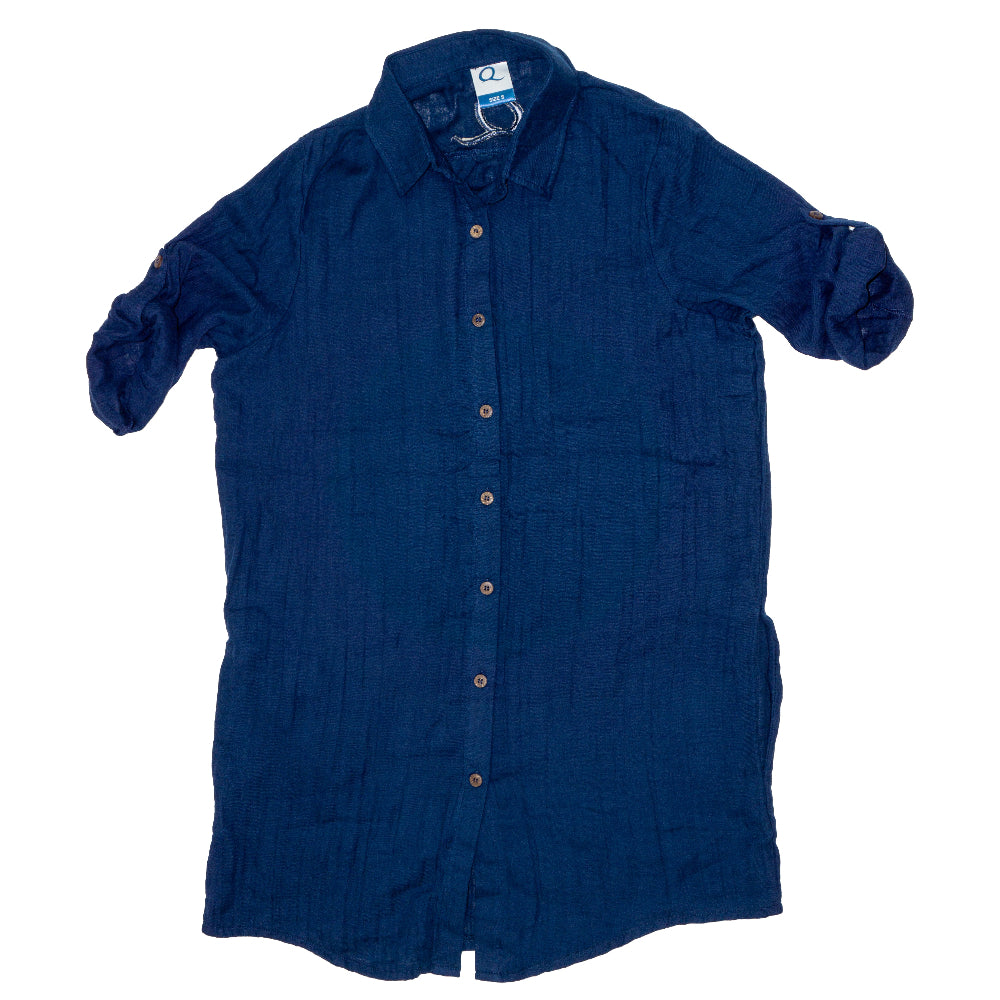 Blue shirt with rolled-up sleeves on a white background