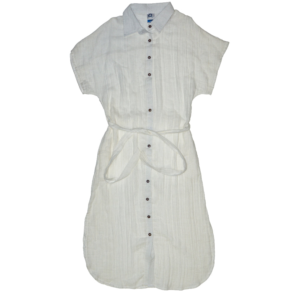 White sleeveless dress with black buttons on a white background