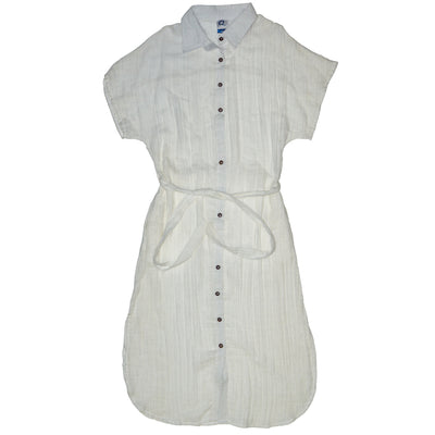White sleeveless dress with black buttons on a white background