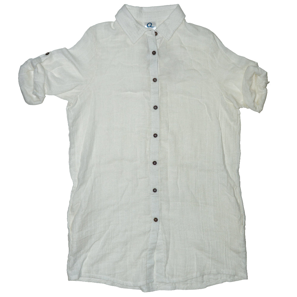 White short-sleeve button-up shirt on a white background