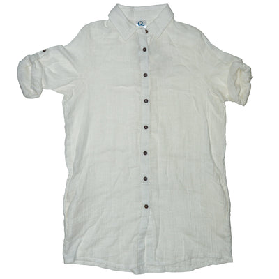 White short-sleeve button-up shirt on a white background