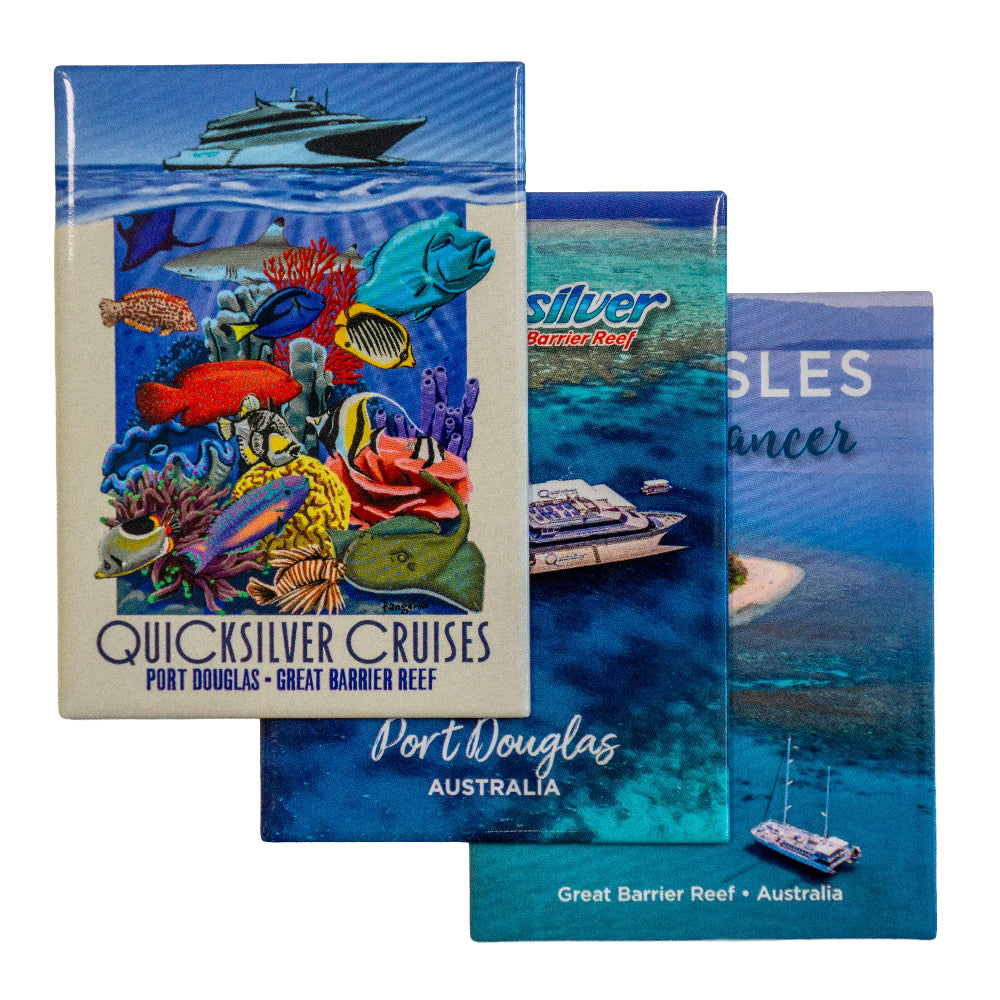 Three travel brochures for Quicksilver Cruises and Silver Cruises featuring underwater scenes and boat images.