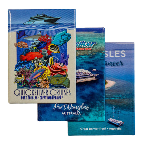 Three travel brochures for Quicksilver Cruises and Silver Cruises featuring underwater scenes and boat images.