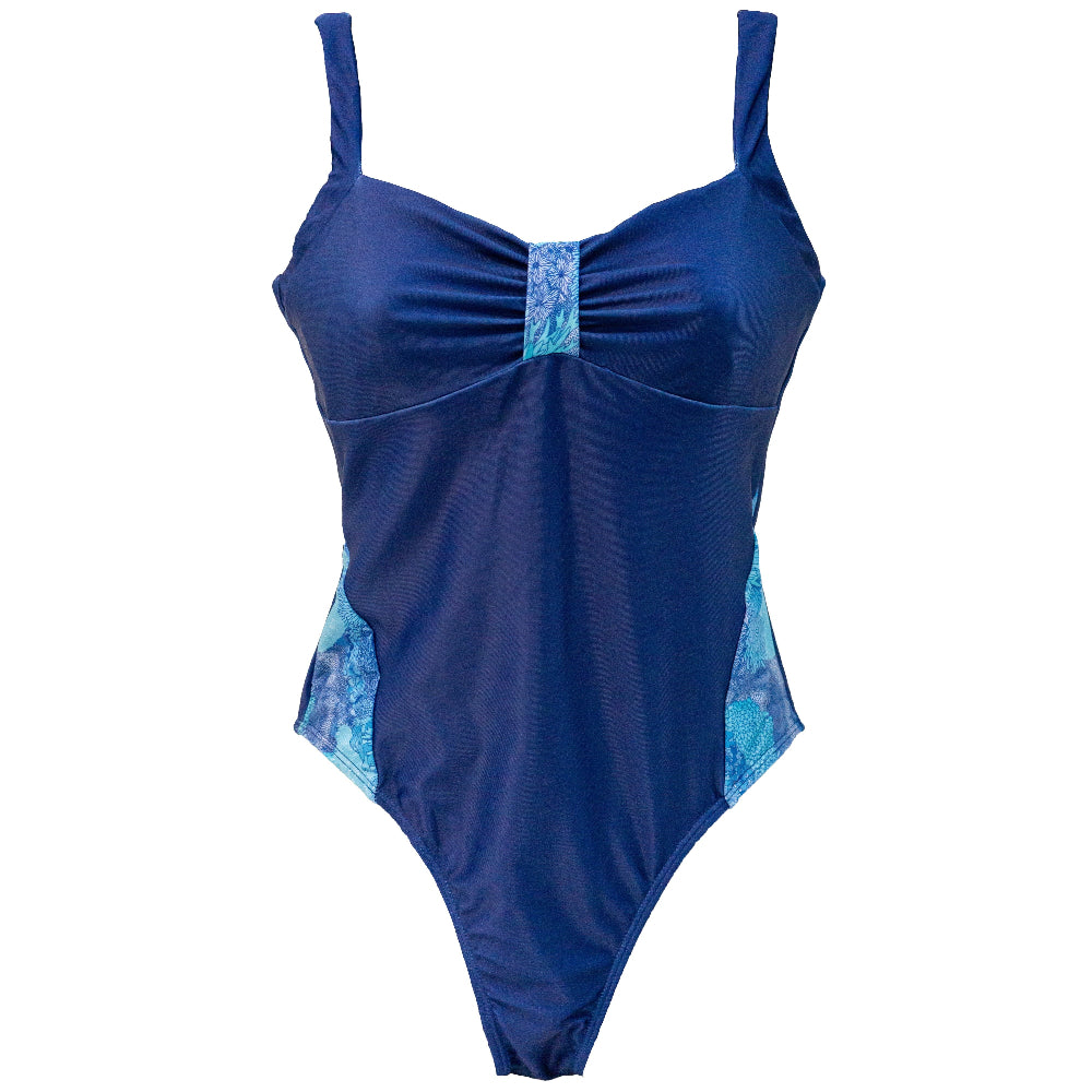 Blue swimsuit with coral accents on a white background