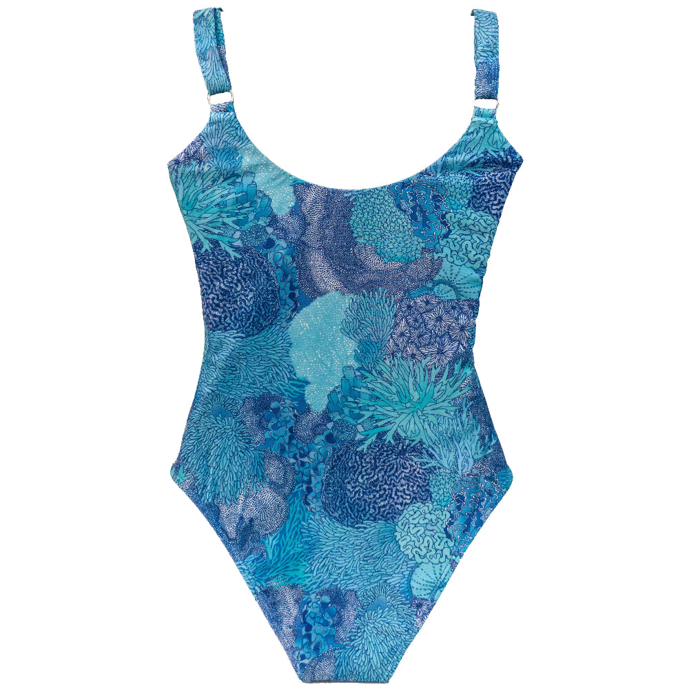 Blue coral patterned swimsuit on a white background