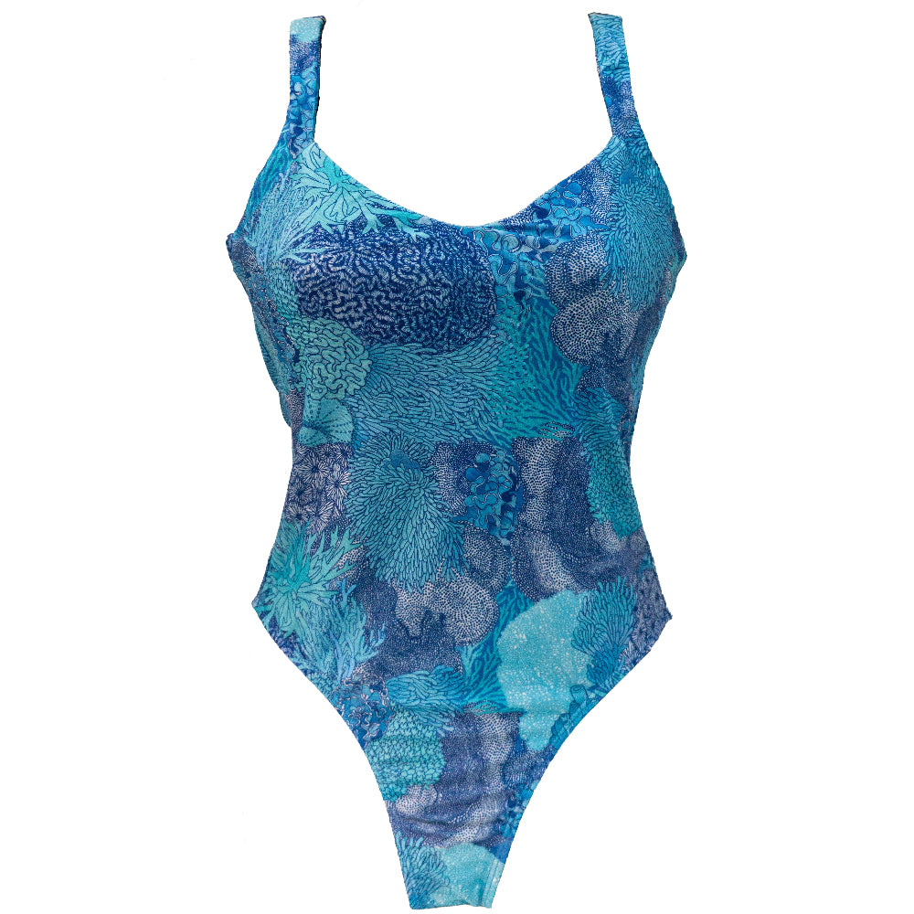 Blue patterned swimsuit on a white background
