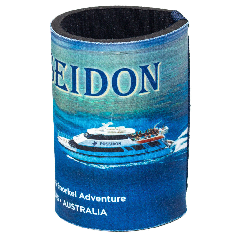 Neoprene can cooler with 'Poseidon' branding and boat graphic on a white background