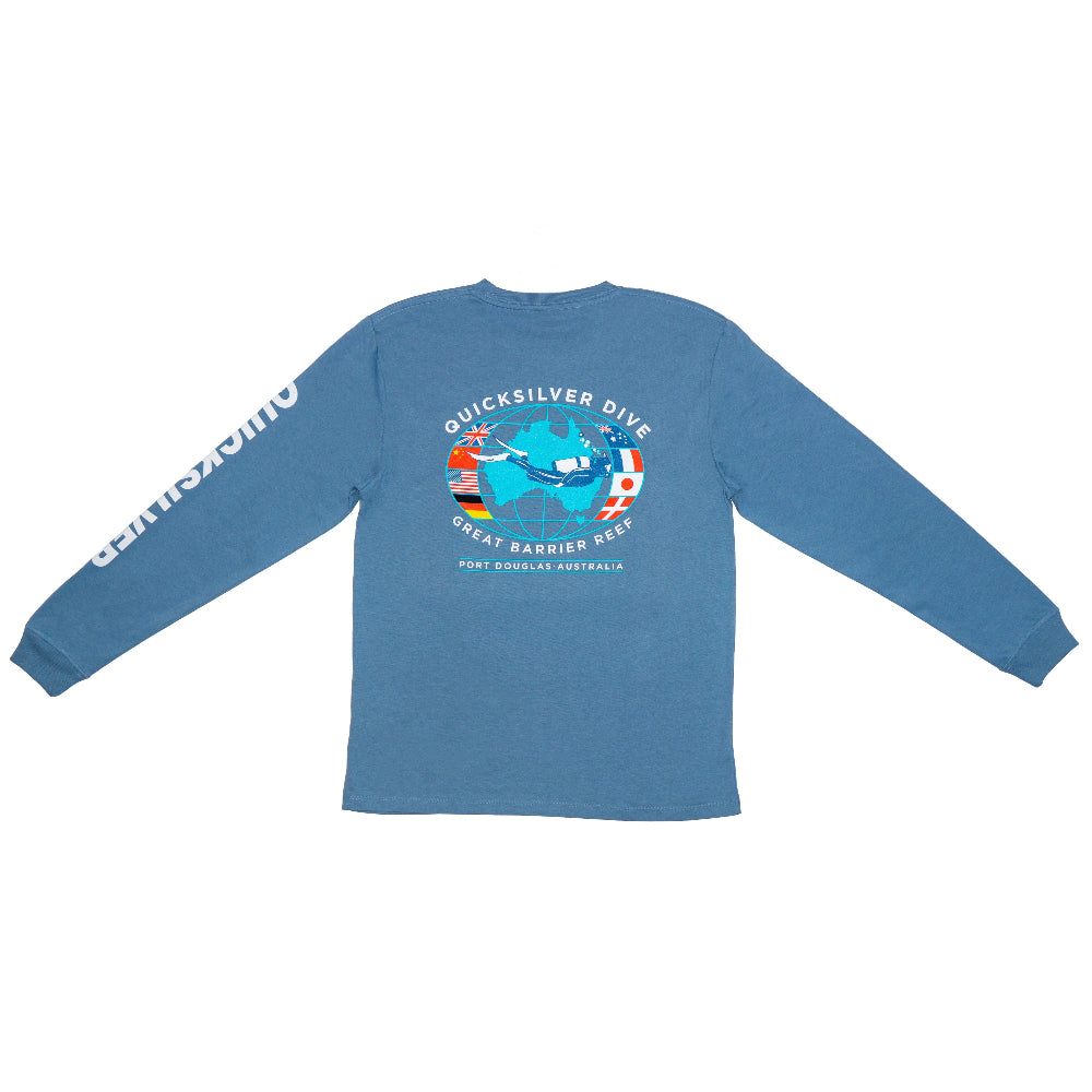 Blue long-sleeve shirt with Quicksilver branding and graphic on a white background