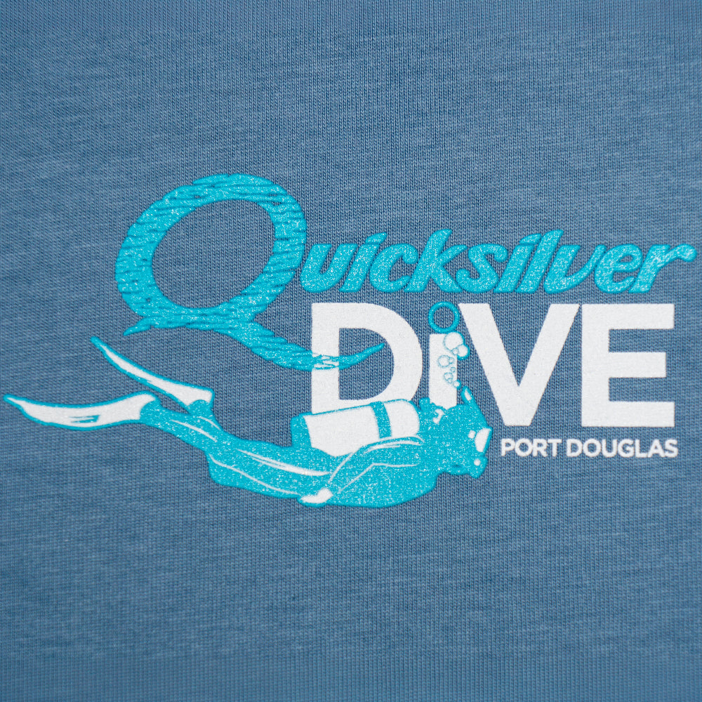Quicksilver Dive logo on a blue background with a diver illustration.