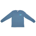 Blue long-sleeve shirt with text on a white background