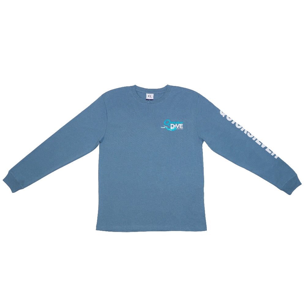 Blue long-sleeve shirt with text on a white background