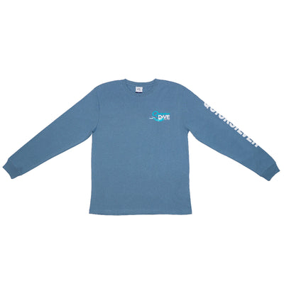 Blue long-sleeve shirt with text on a white background