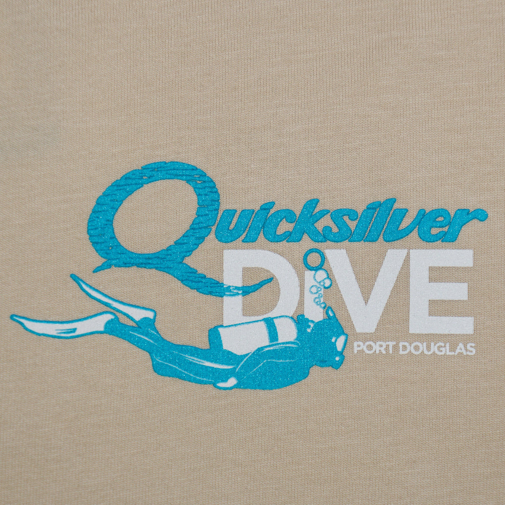 Quicksilver Dive logo with a diving person graphic on a beige background
