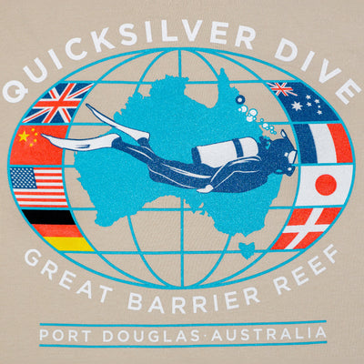 Quicksilver Dive logo with a diver and world map on a beige background