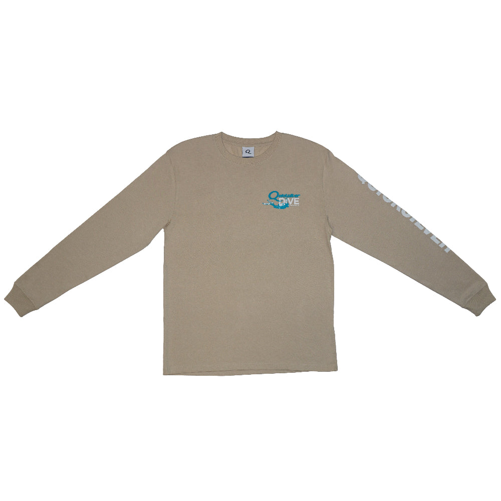 Beige long-sleeve shirt with a logo on a white background