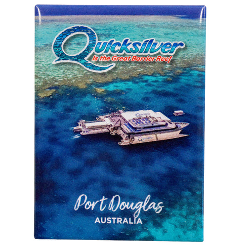 Fridge magnet with Quicksilver logo and image of a boat on the Great Barrier Reef, Port Douglas, Australia.