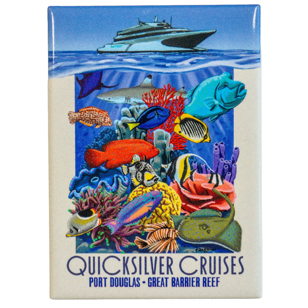 Fridge magnet with an underwater scene featuring fish and coral, promoting Quicksilver Cruises.