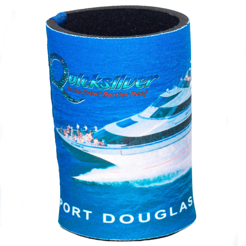 Blue can cooler with boat graphic and 'Quicksilver' branding on a white background