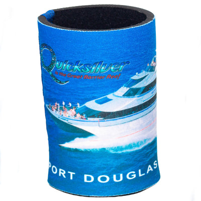 Blue can cooler with boat graphic and 'Quicksilver' branding on a white background