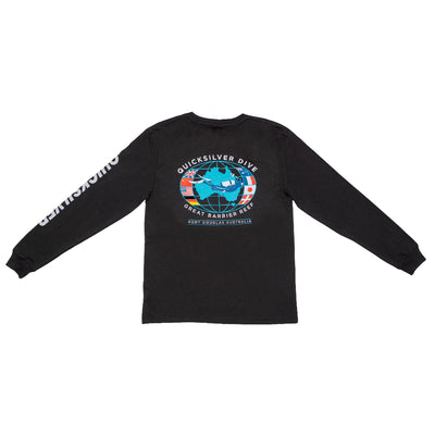 Black long-sleeve shirt with Quicksilver logo and design on a white background