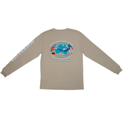 Beige long-sleeve shirt with a graphic design on the back against a white background