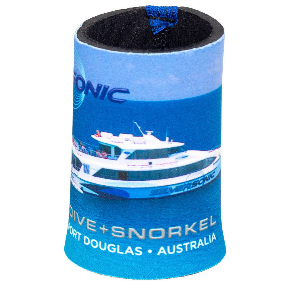 Blue can cooler with a boat graphic and text on a white background